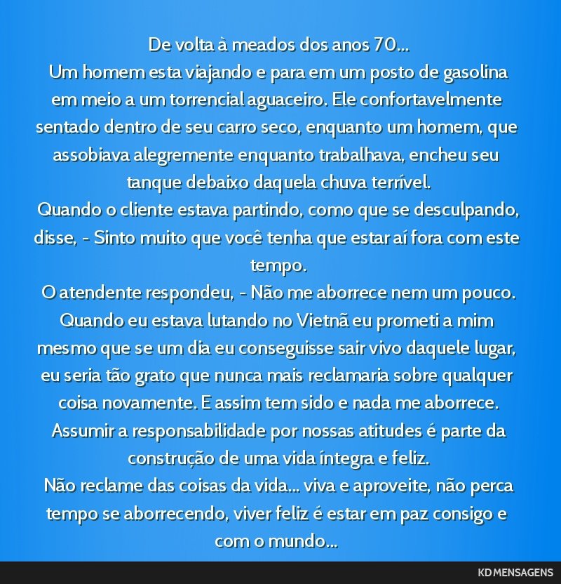 De volta à meados dos anos 70... <br /> Um homem esta viajando e para em um posto de gasolina em meio a um torrencial aguaceiro. Ele confortavelmente sentado dentro de seu carro seco, enquanto um...