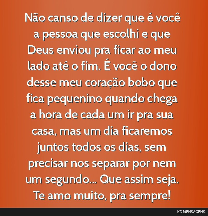 Não canso de dizer que é você a pessoa que escolhi e que Deus enviou pra ficar ao meu lado até o fim. É você o dono desse meu coração bobo que fica pequenino quando chega a hora de cada um ir ...