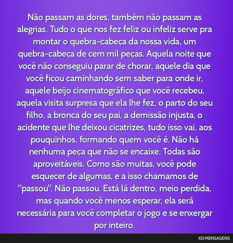 Não passam as dores, também não passam as alegrias. Tudo o que nos fez feliz ou infeliz serve pra montar o quebra-cabeça da nossa vida, um quebra-cabeça de cem mil peças. Aquela noite que você ...