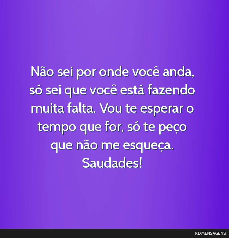 Não sei por onde você anda, só sei que você está fazendo muita falta. Vou te esperar o tempo que for, só te peço que não me esqueça. Saudades!