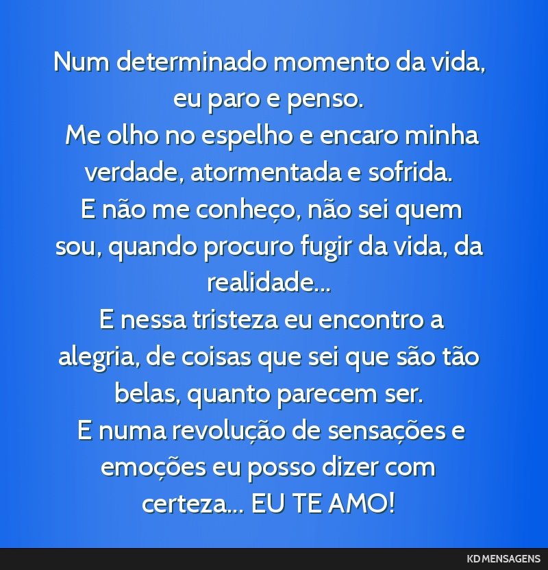 Num determinado momento da vida, eu paro e penso. <br /> Me olho no espelho e encaro minha verdade, atormentada e sofrida. <br /> E não me conheço, não sei quem sou, quando procuro fugir da vida,...