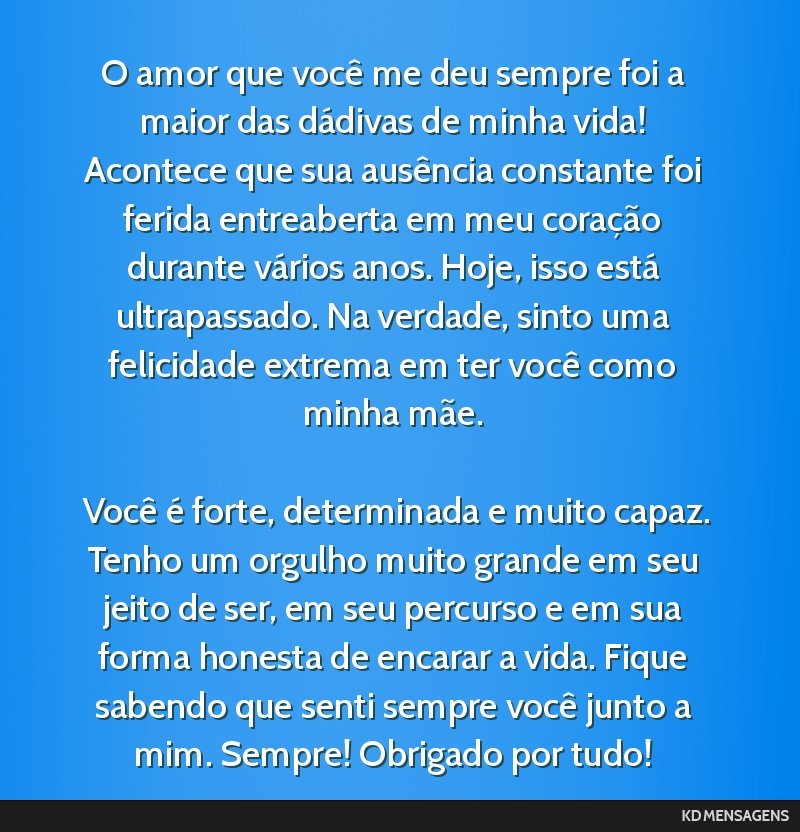 O amor que você me deu sempre foi a maior das dádivas de minha vida! Acontece que sua ausência constante foi ferida entreaberta em meu coração durante vários anos. Hoje, isso está...