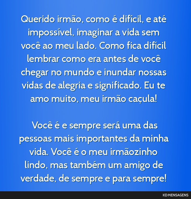 Querido irmão, como é difícil, e até impossível, imaginar a vida sem você ao meu lado. Como fica difícil lembrar como era antes de você chegar no mundo e inundar nossas vidas de alegria e...