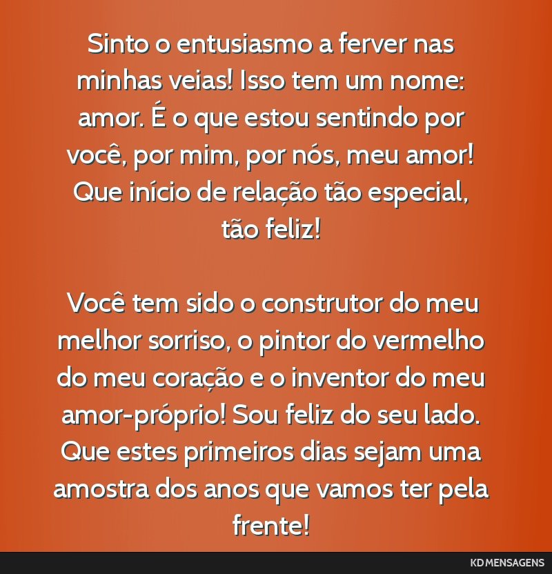 Sinto o entusiasmo a ferver nas minhas veias! Isso tem um nome: amor. É o que estou sentindo por você, por mim, por nós, meu amor! Que início de relação tão especial, tão feliz! <br /> <br /> ...