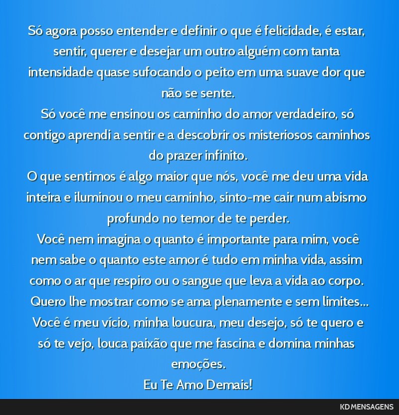 Só agora posso entender e definir o que é felicidade, é estar, sentir, querer e desejar um outro alguém com tanta intensidade quase sufocando o peito em uma suave dor que não se sente. <br />...