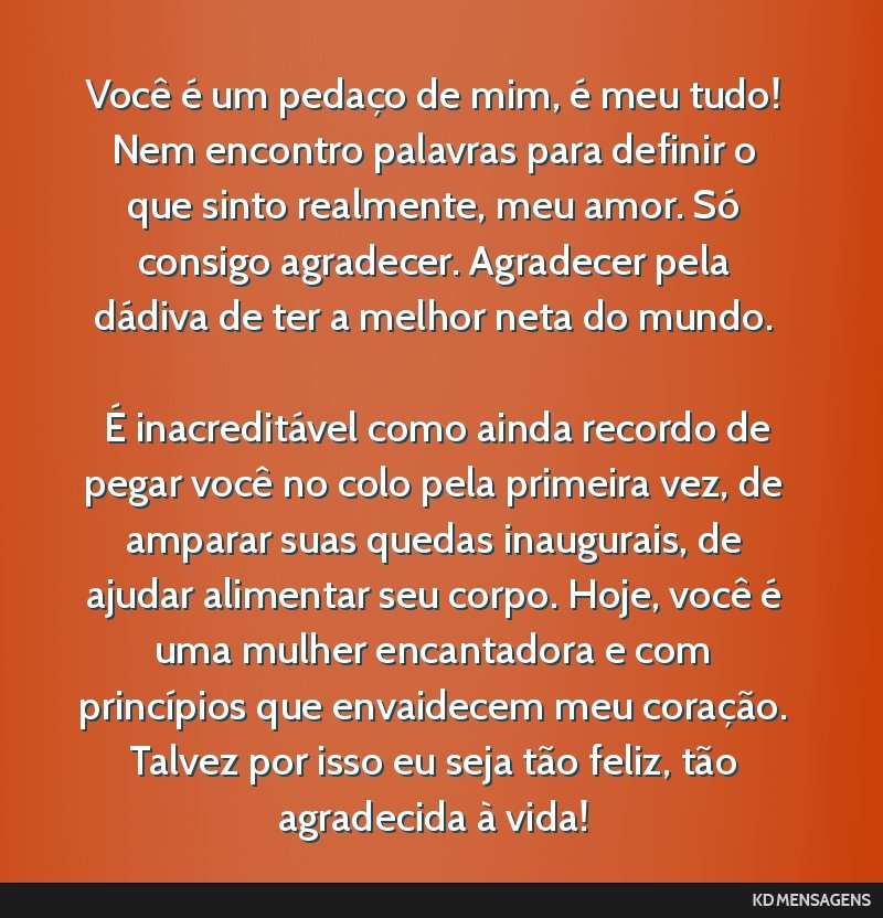 Você é um pedaço de mim, é meu tudo! Nem encontro palavras para definir o que sinto realmente, meu amor. Só consigo agradecer. Agradecer pela dádiva de ter a melhor neta do mundo. <br /> <br /> ...
